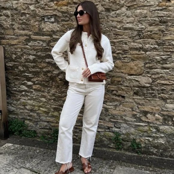 NEW Gold Button Tweed Textured Knit Sweater Cardigan Jacket - Cream Ivory - Picture 8 of 14